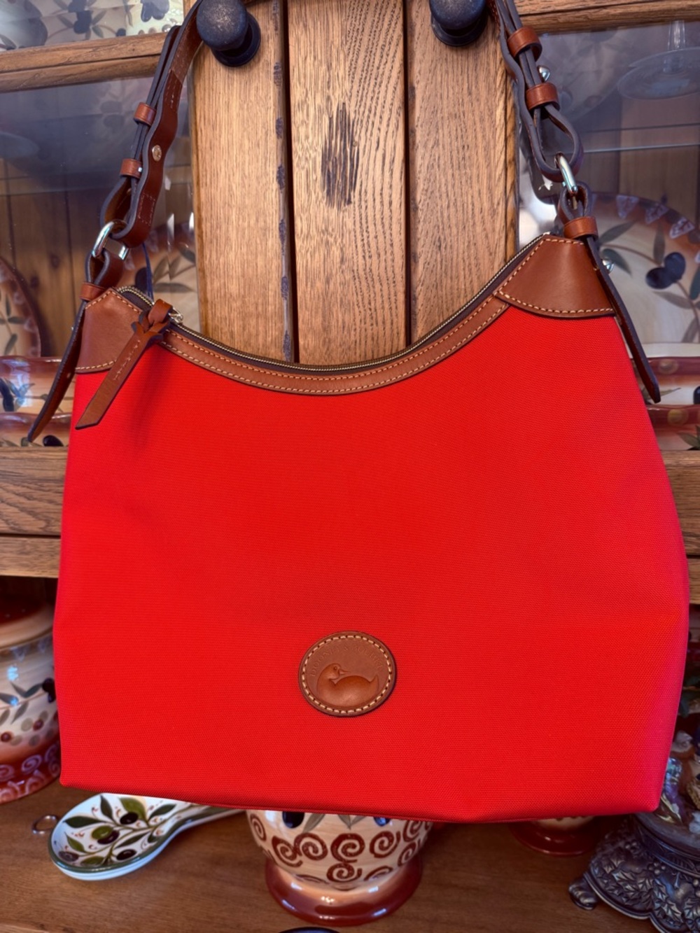 Dooney & Bourke Large Erica Nylon Shoulder Bag Red Brown Trim NWOT Authentic